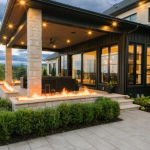 An inviting rear view of a backyard, blending stunning hardscaping with lush landscaping for a perfect outdoor space.