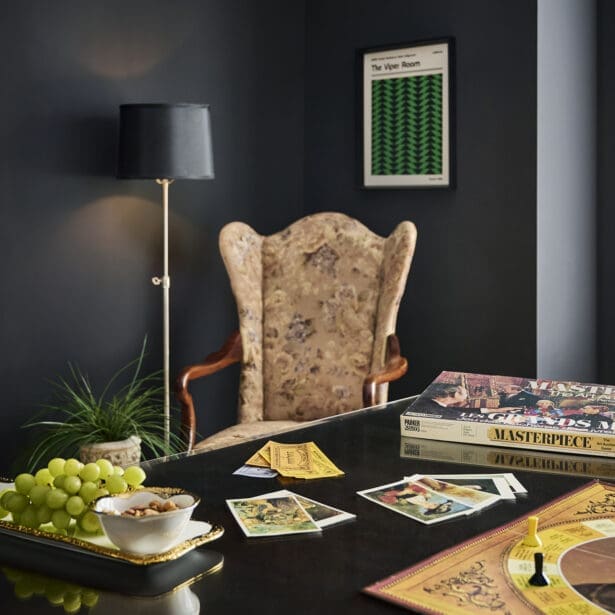 Detailed view of the dining room table and elegant finishes.