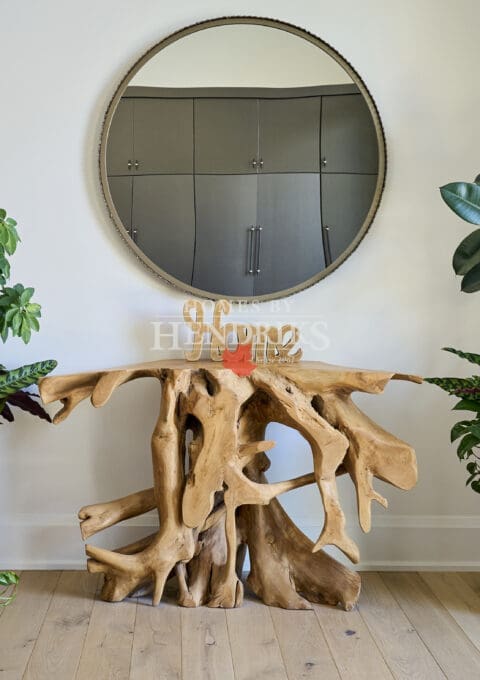 Modern entryway styled with a natural wood root console table, round mirror, and twin potted green plants in tall planters on either side
