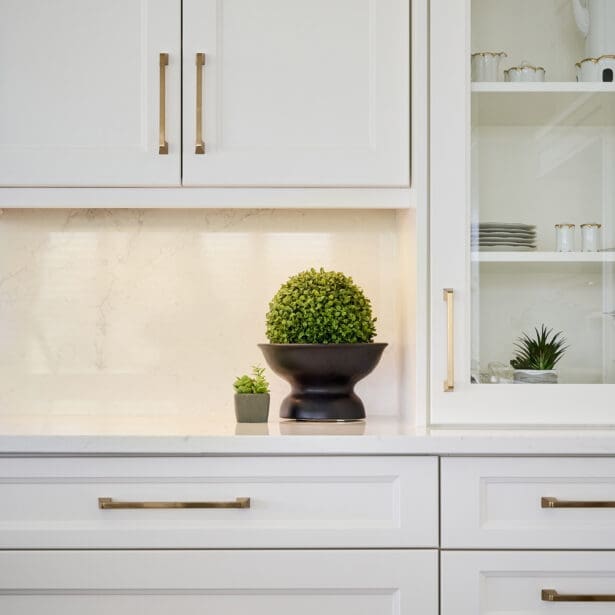 Custom cabinetry with open shelving for fine dishware and styled greenery, featuring soft integrated lighting.