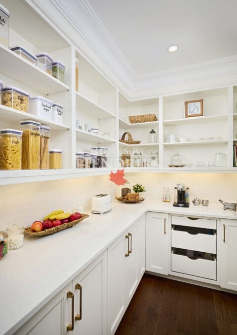 Well-organized walk-in pantry with labeled glass containers, open shelving, white cabinetry, and brass pulls for a polished functional space.
