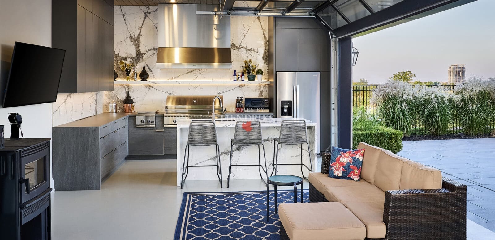 Kitchen and sitting area within the pool house
