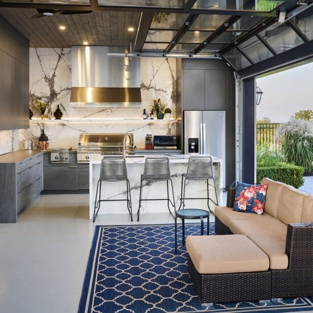 Kitchen and sitting area within the pool house