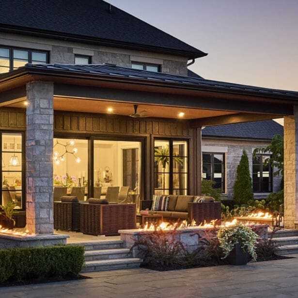 Luxurious custom home with a timeless stone exterior, accentuated by limestone and complemented by a beautiful pool and landscaped garden.
